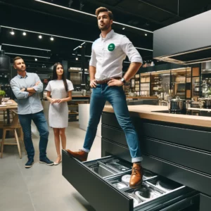 vendeur de cuisine prêt à tout pour vendre qui monte sur son tiroir pour montrer sa qualité et sa resistance au poids